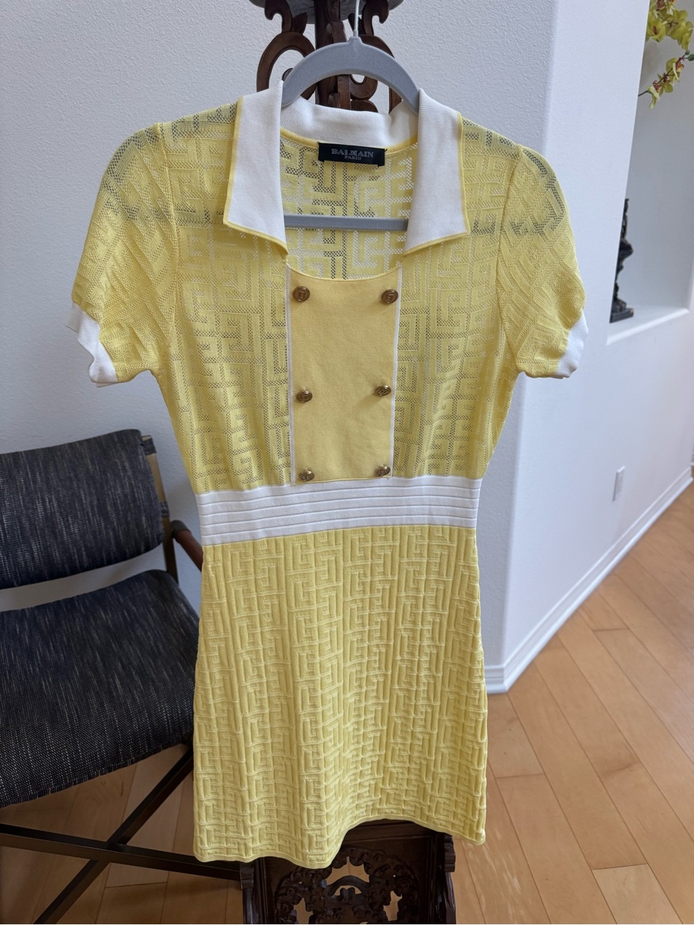 Balmain Vintage Yellow Knit Monogram Mini Polo Dress with White Trim